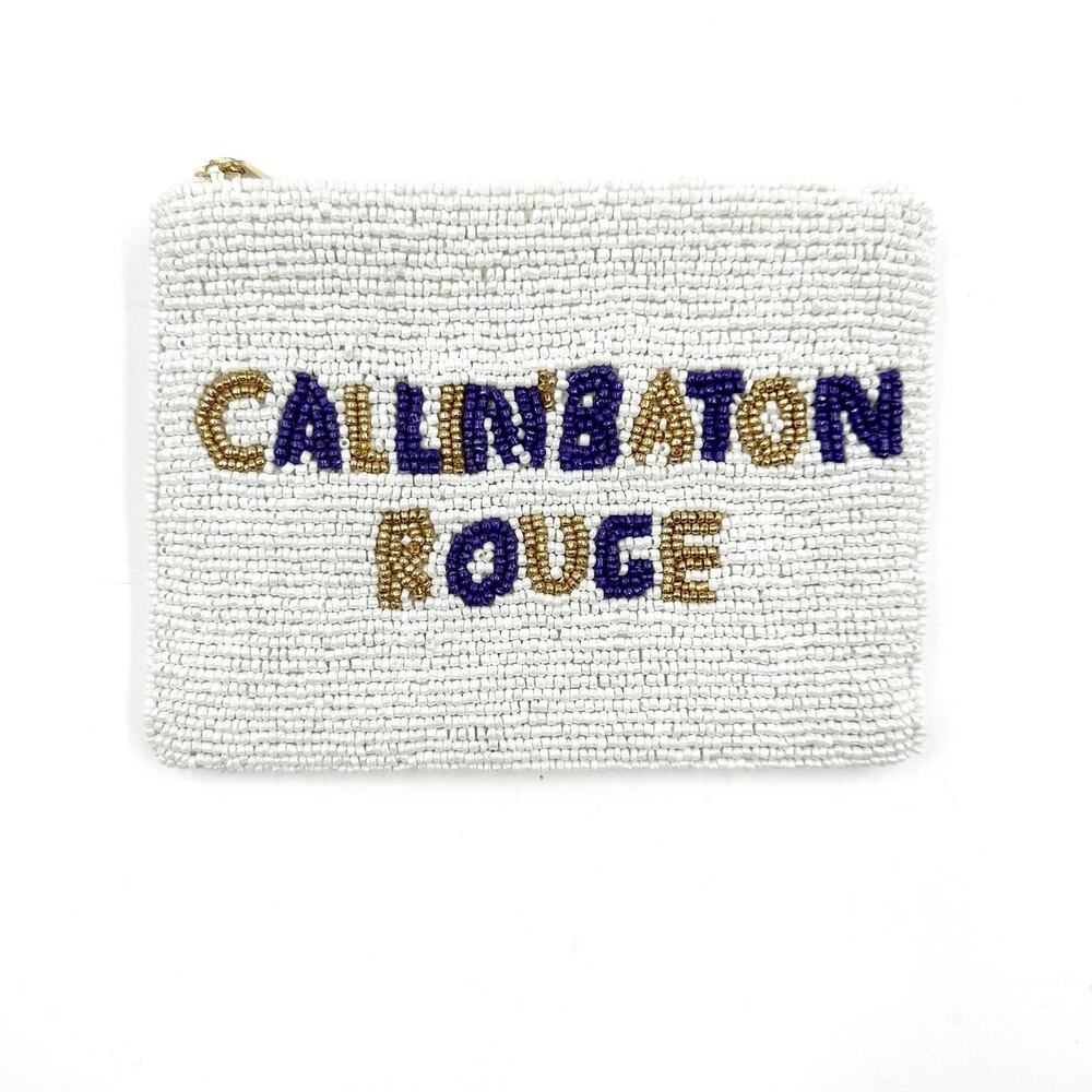 LSU CALLIN' BATON ROUGE Beaded Coin Purse Privacy Pouch Purple Gold White NEW